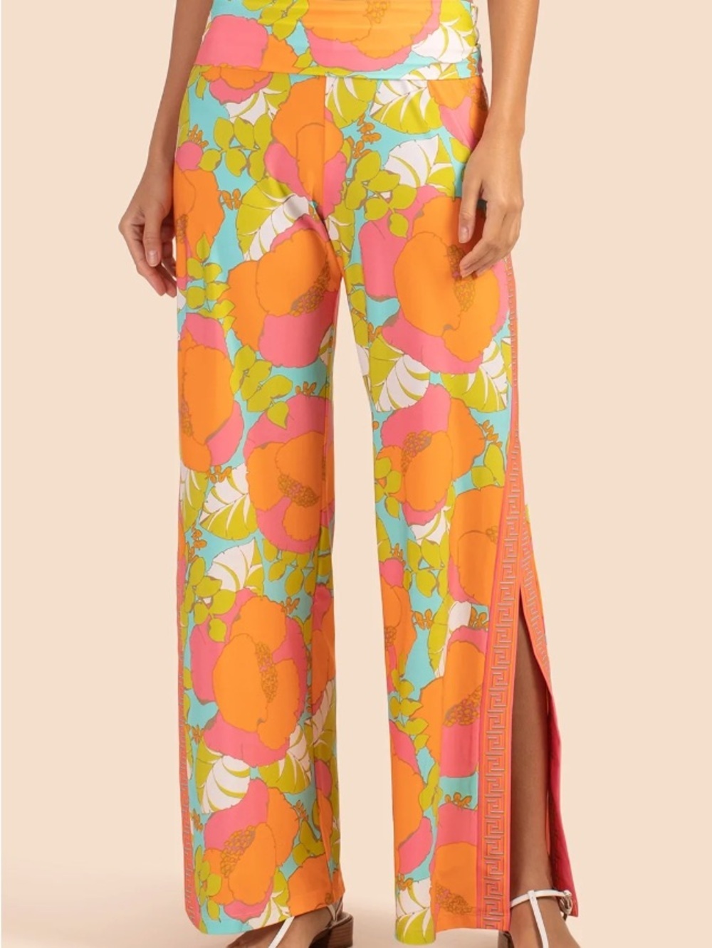 Trina Turk Orange, Pink & Aqua Floral Wide-Leg Split Pants